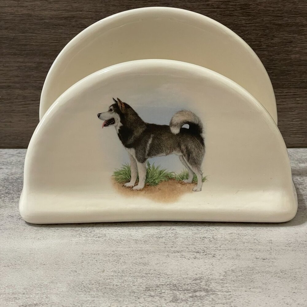 Vintage Siberian Husky Dog Cream Ceramic Standing Letter Napkin Mail Holder 6.5"